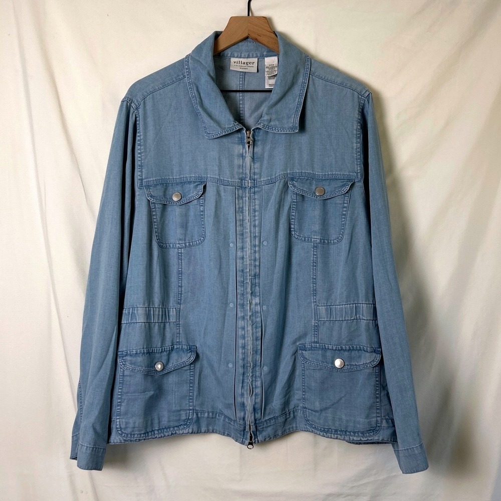 Villager Women Utility Shirt Jacket Blue Chambray Plus Size 24W Lightweight